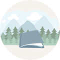 Illustration d'un livre fermé devant un paysage de forêt avec montagnes.