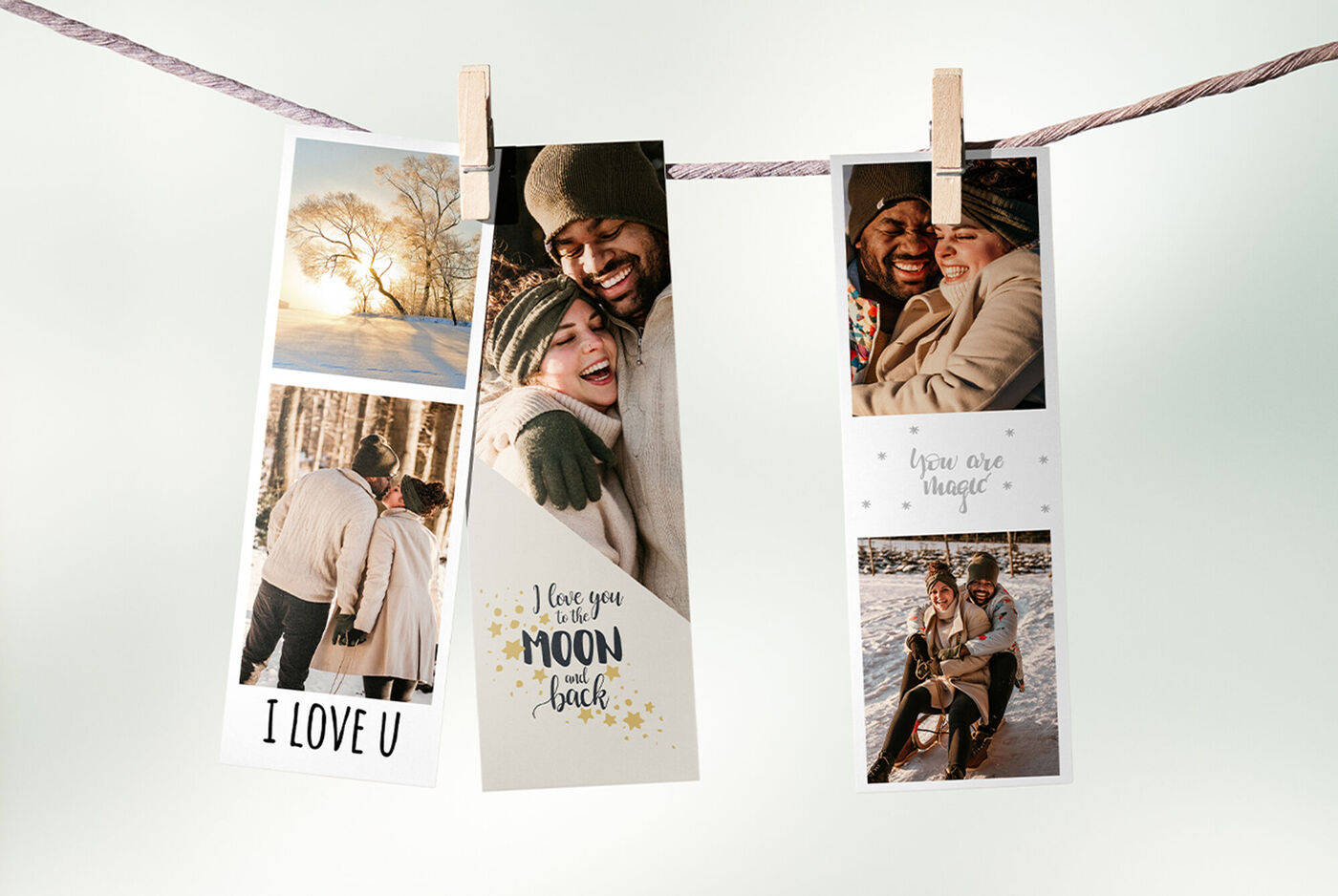 Twee wenskaarten aan een lijn. De kaarten tonen liefdevolle boodschappen: 'I love you' en 'I love you to the moon and back'.